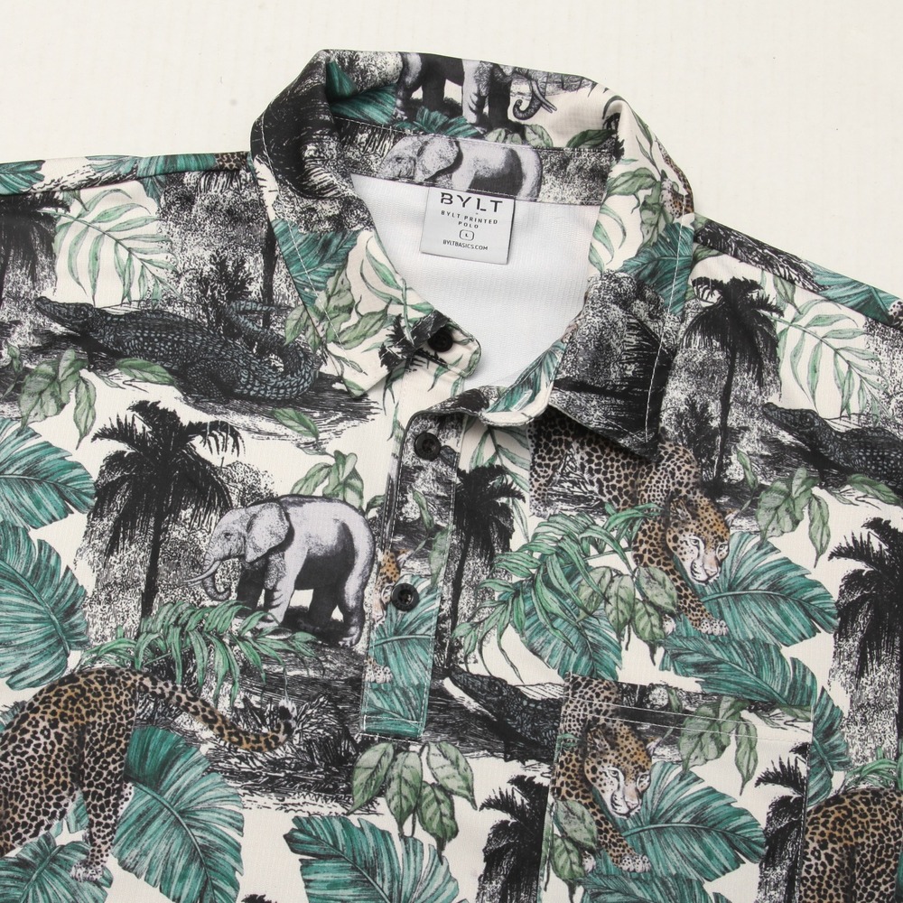 BYLT Men's L Printed Polo Shirt Jungle Safari Elephant Leopard Crocodile - Picture 1 of 11